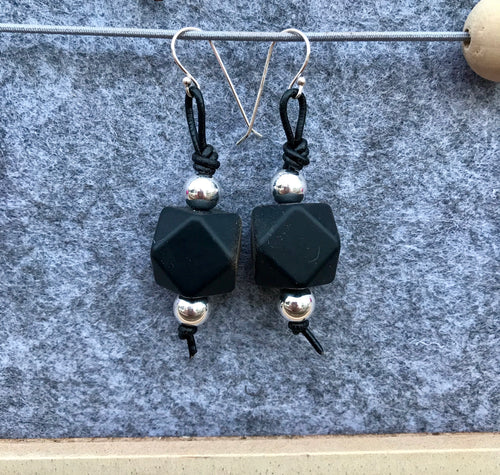Black Silicon bead, silver and leather earrings