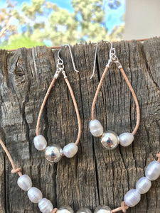 Silver, pearl and leather earrings