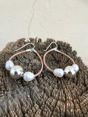 Silver, pearl and leather earrings